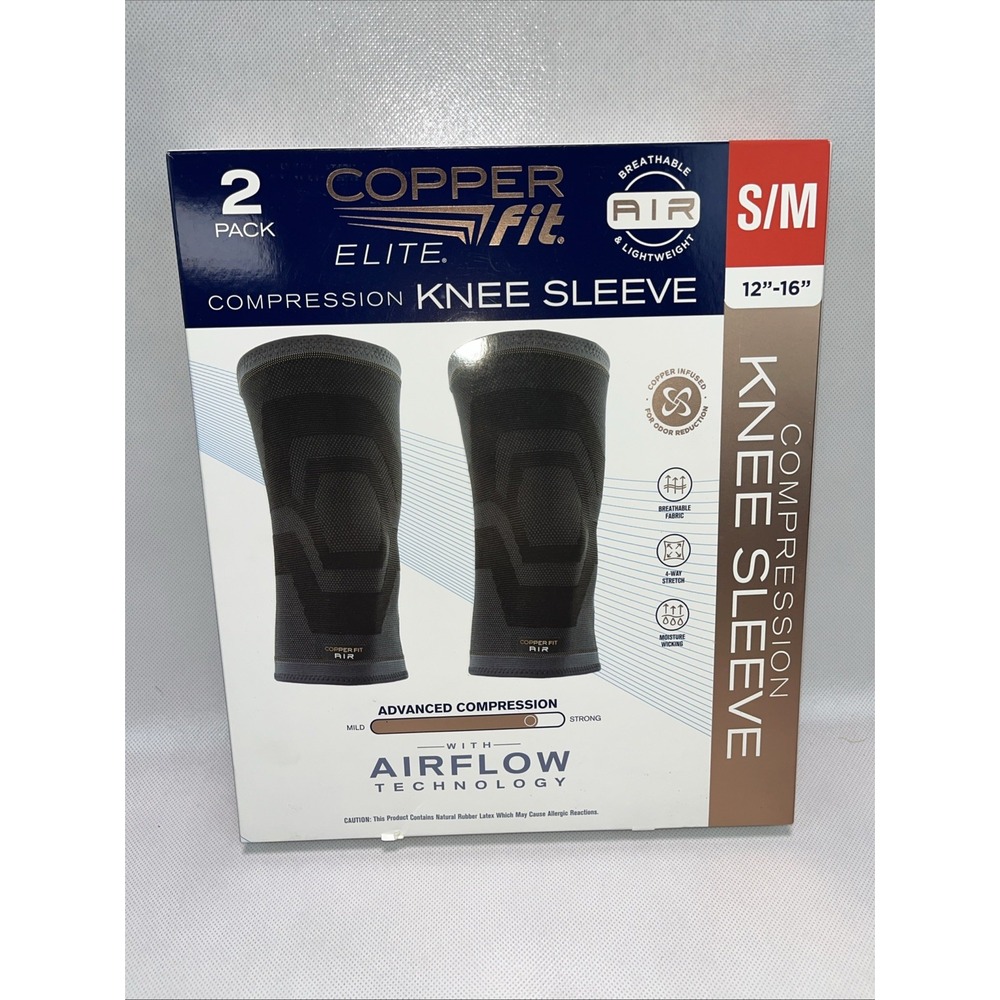 Elite Copper Fit Knee Compression Sleeve Flexible S/M 12"-16", 2-PACK